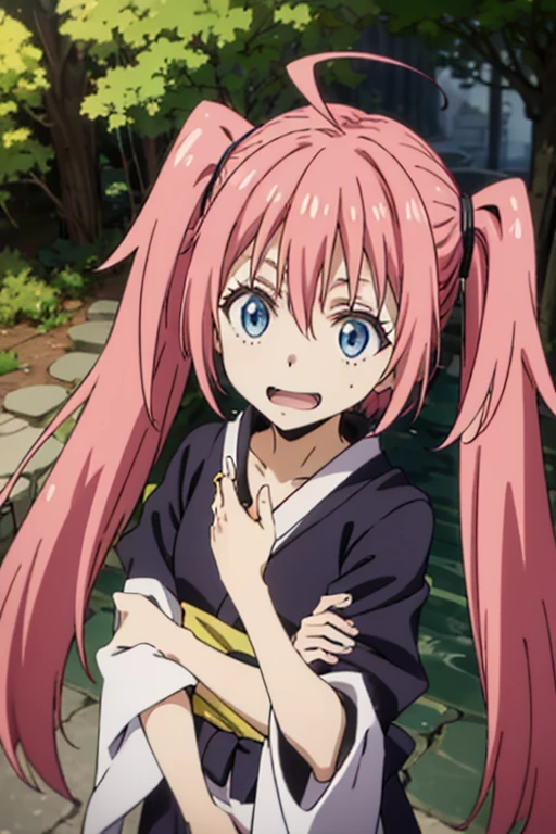 masterpiece, highest quality, 高解picture度,Anime Style、Characters from TenSura、picture、whole body Platinum pink hair(Twin tails:20:1)(Ahoge:1:10)、blue eyes、About 10 years old、smile、The double tooth shines,yukata、Hot Spring Town、