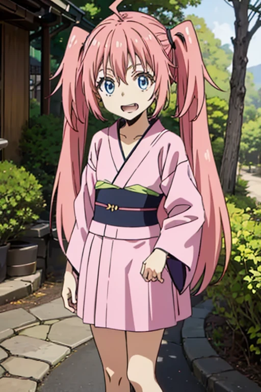 masterpiece, highest quality, 高解picture度,Anime Style、Characters from TenSura、picture、whole body Platinum pink hair(Twin tails:20:1)(Ahoge:1:10)、blue eyes、About 10 years old、smile、The double tooth shines,yukata、Hot Spring Town、