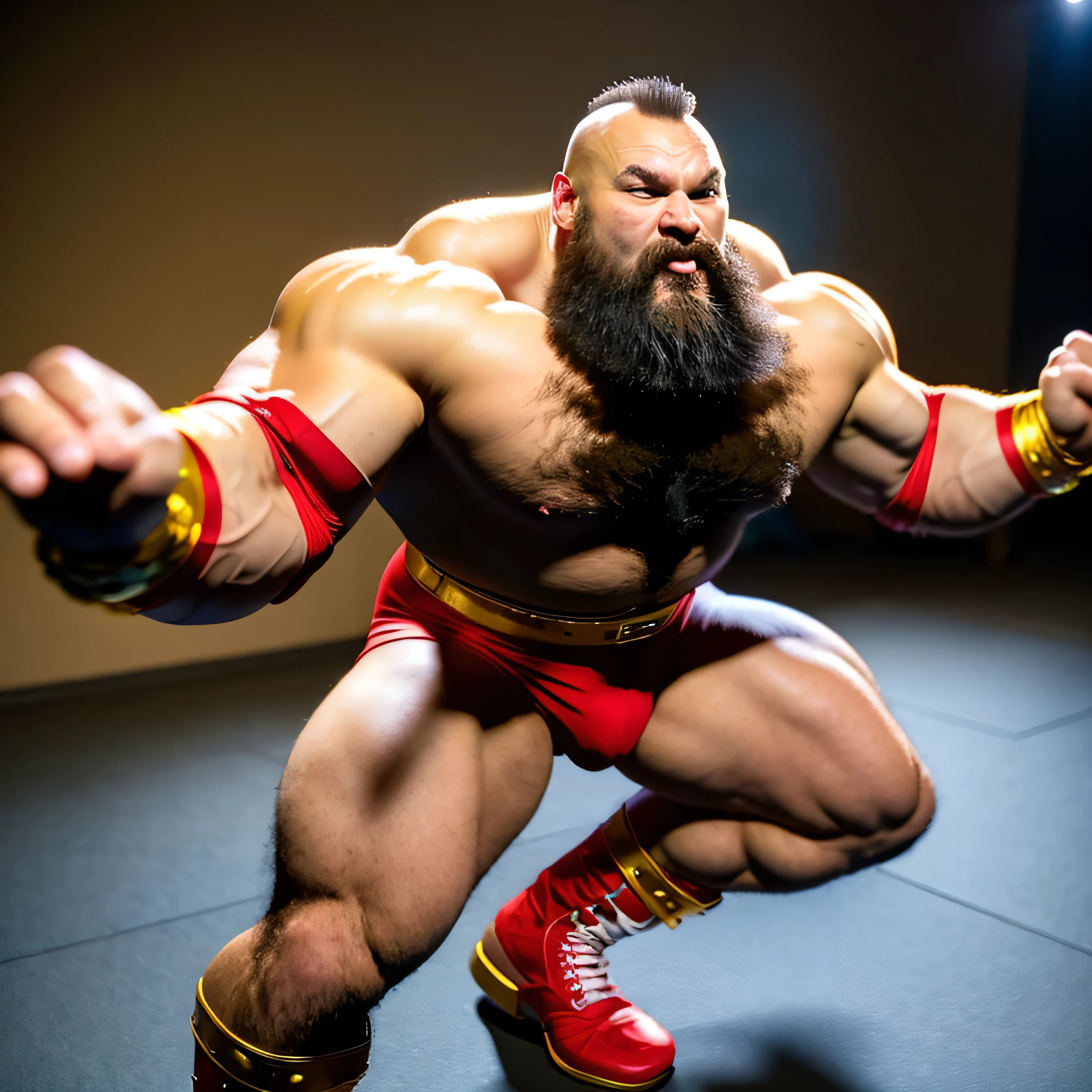 zangief,a man with a beard and a golden belt, fighting game character, street fighter 5,muscled humanoid,heavy looking,buff man,wrestler,Red short briefs,capcom,street fighter,shirtless,muscular male,chest hair,visually weighty,bearded man,mohawk hair,no wristband,Red Wrestling Boots,best quality 