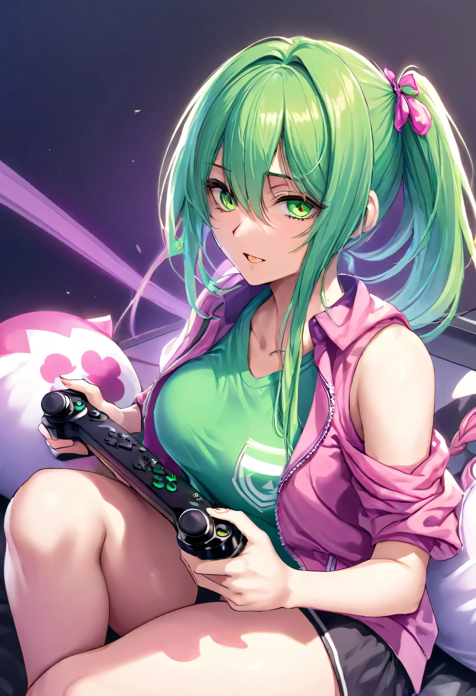 Chica gamer hermosa, cabello largo de color rosa, ojos verdes, cuerpo completo.