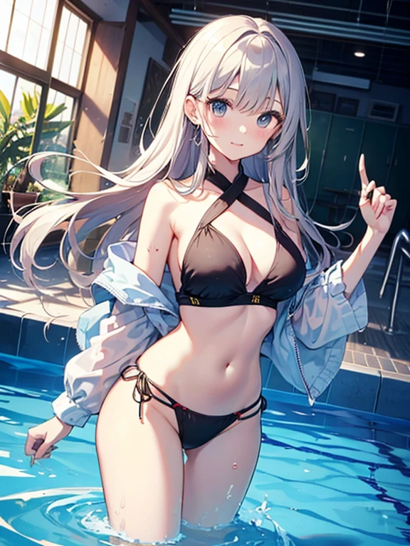 ((2D Beautiful Girl、highest quality、Perfect Finger 1.3、Perfect Anatomy 1.3、Very delicate and beautiful illustration))、pretty girl、(Conversion Sequence)、((Swimwear))、14 years、Slender beautiful girl、Fractal Art、Baby Face、((Straight Long Hair))、Big droopy eyes、Laughter、Full-body display、（1 person）、Long sleeve、School swimming pool、Are standing、