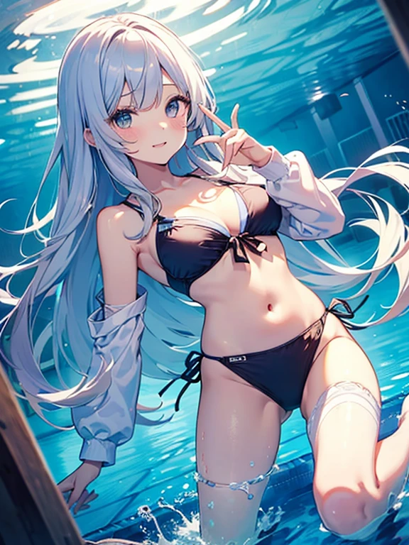 ((2D Beautiful Girl、highest quality、Perfect Finger 1.3、Perfect Anatomy 1.3、Very delicate and beautiful illustration))、pretty girl、(Conversion Sequence)、((Swimwear))、14 years、Slender beautiful girl、Fractal Art、Baby Face、((Straight Long Hair))、Big droopy eyes、Laughter、Full-body display、(1 person)、Long sleeve、School swimming pool、Are standing、