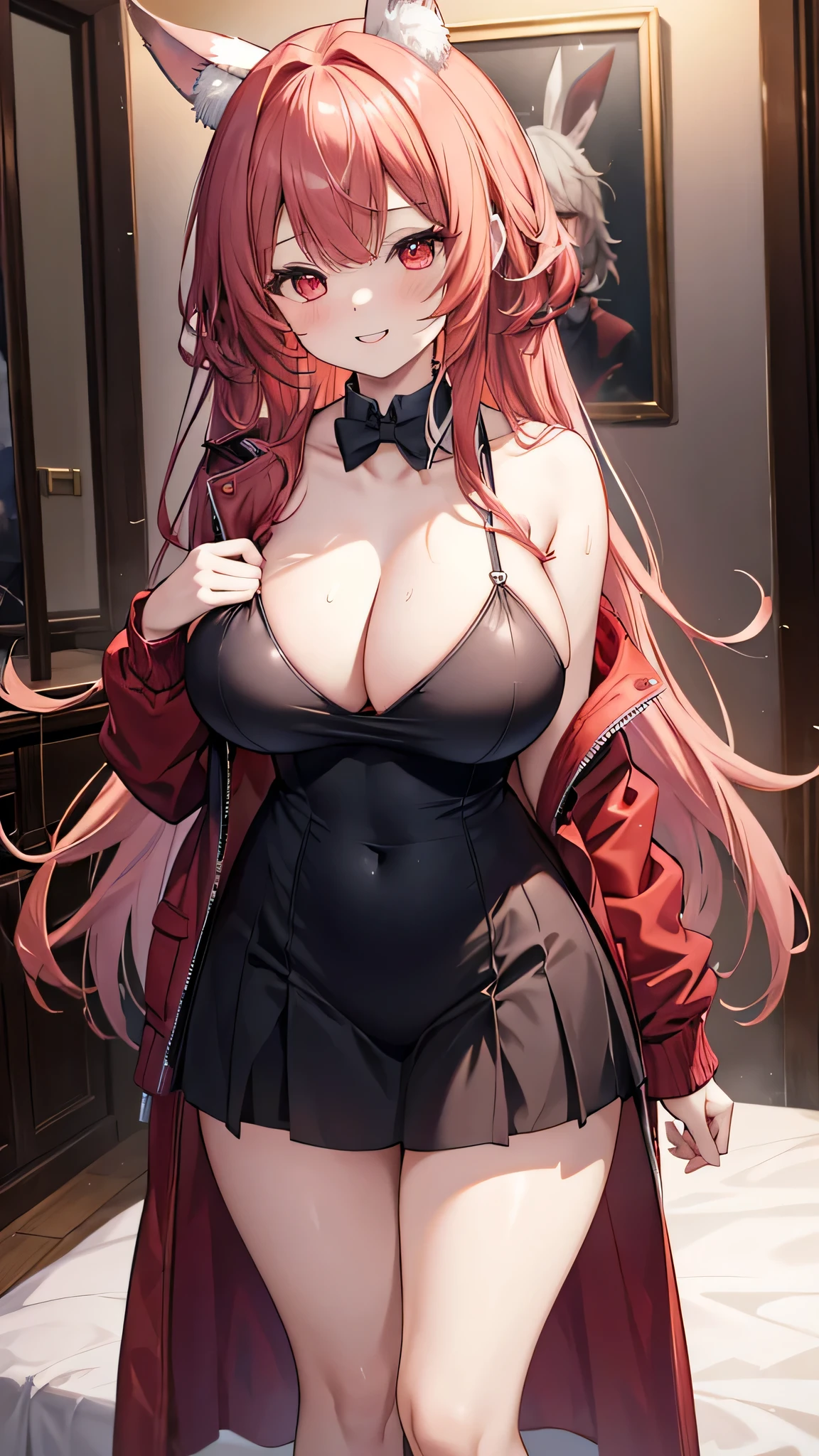 The best masterpiece、Wolf Girl, Large Breasts, Voluminous light red hair, masterpiece , Red eyes, hd, Thick thighs, Head to Chest, buried in my chest、Double teeth、tooth、Chubby、Grinning、Bunny girl、Big Tits、Jacket、white iris、