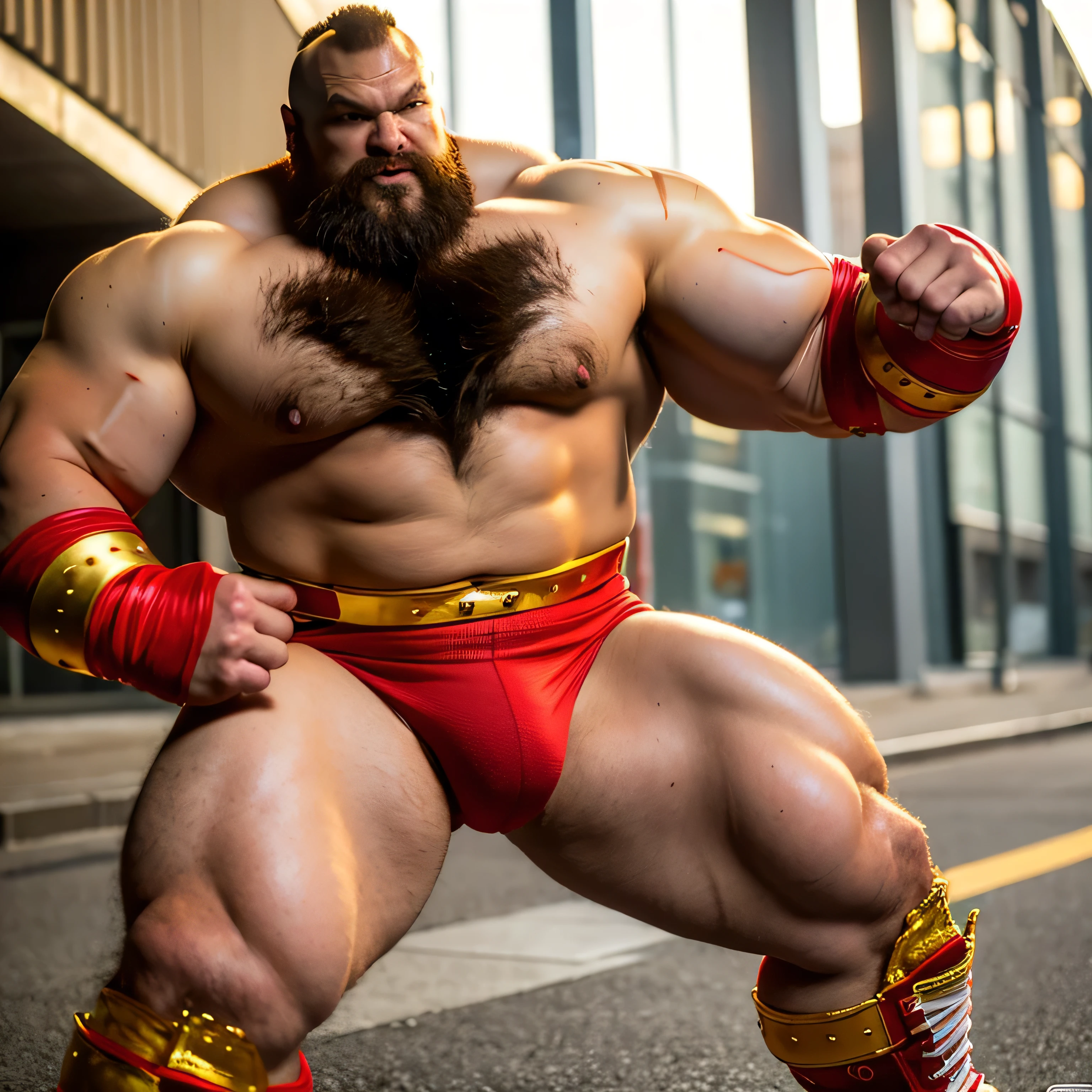 zangief,a man with a beard and a golden belt, fighting game character, street fighter 5,muscled humanoid,heavy looking,buff man,wrestler,Red short briefs,capcom,street fighter,shirtless,muscular male,chest hair,visually weighty,bearded man,mohawk hair,no wristband,Red Wrestling Boots,best quality