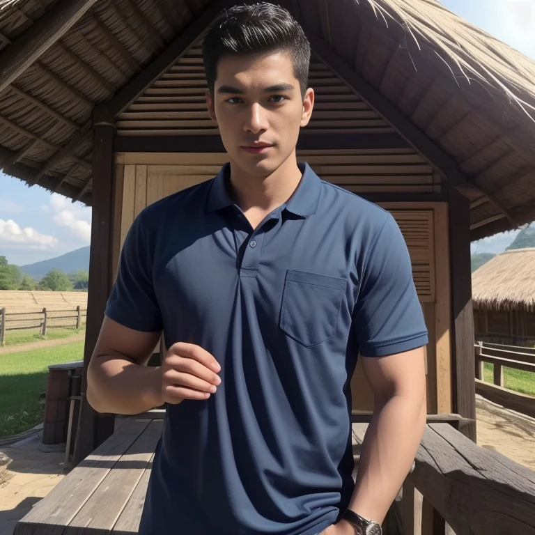 Aaraf in a blue shirt stood in front of a hut., wearing a polo shirtสีน้ําเงินเข้ม, wearing a polo shirt, navy, short sleeve, navy-blue, In a dark teal polo shirt., 2 8 years, Profile picture, Portrait, handsome, There are two front pockets., navy blue, Age 2 9 years, handsome man, 38 years old, 8k high quality photos, Taken with camera 45,000,000,000 pixels Saengun,realistically,