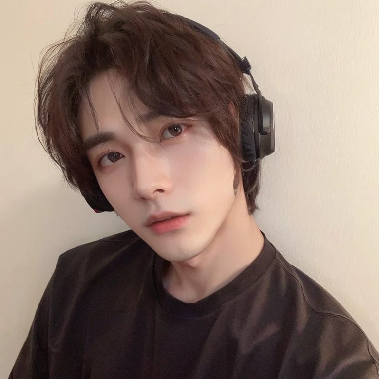 Arafed man with headphones on his head and a brown shirt., Jung Jaehyun, xqc, cai xukun, foto de perfil en la cabeza, jinyoung shin, kim doyoung, hyung tae, Hong June Hyung, sakimichan, pintar ulzzang, yanjun chengt, kim taejin, pale korean adorable face, contraction transmitter / jugador ludwig