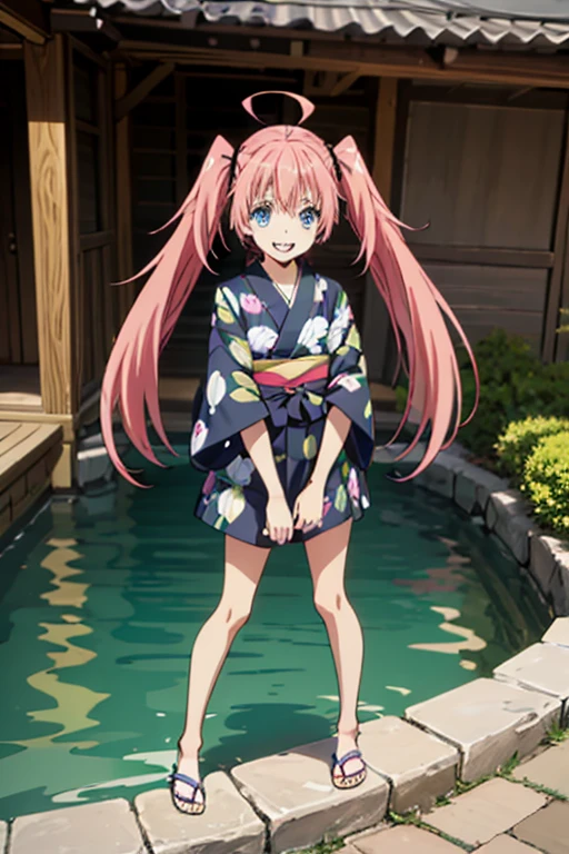 masterpiece, highest quality, 高解picture度,Anime Style、Characters from TenSura、picture、whole body Platinum pink hair(Twin tails:20:1)(Ahoge:1:10)、blue eyes、About 、smile、The double tooth shines,yukata、Hot Spring Town、Teahouse、Dumpling