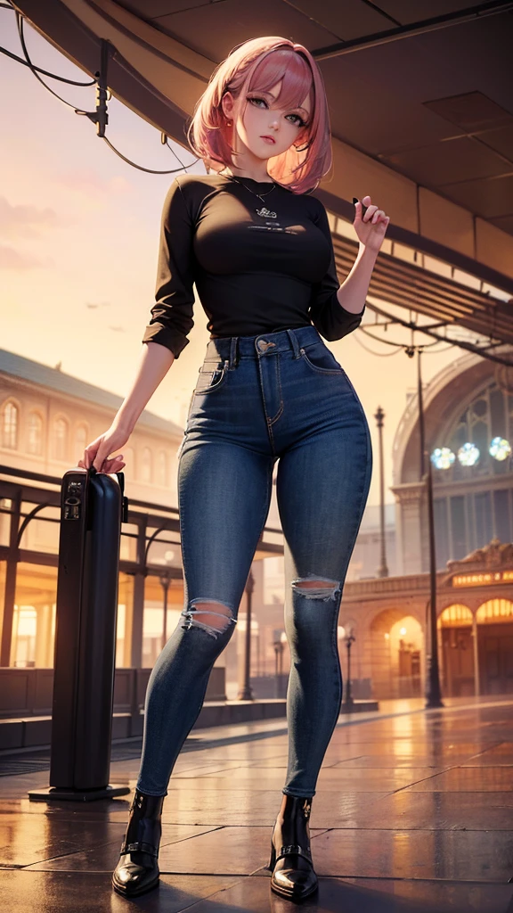 (masterpiece), (best quality), (Highres), Detailed, (Inricate Details 1.2), (Hyper Detailed 1.4), (Ornate Digital Art 1.2), absurdres, 1girl, small breasts, ass, hair ornaments, solo, pink hair, (black shirt:1.3), jeans, (train station:1.2), thighs, shortstack, kneeling 