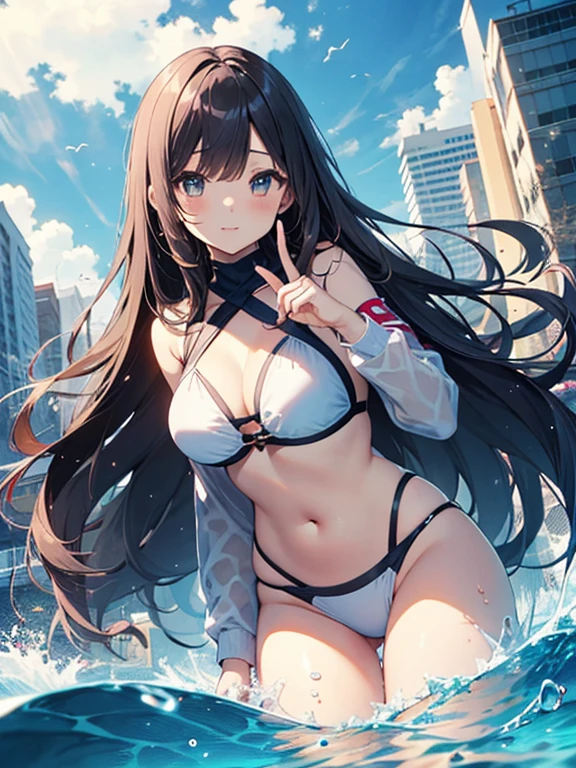 ((2D Beautiful Girl、highest quality、Perfect Finger 1.3、Perfect Anatomy 1.3、Very delicate and beautiful illustration))、pretty girl、(Conversion Sequence)、((Swimwear))、、Slender beautiful girl、Fractal Art、Baby Facght Long Hair))、Big droopy eyes、Laughter、Full-body display、（1 person）、Long sleeve、School swimming pool、Are standing、