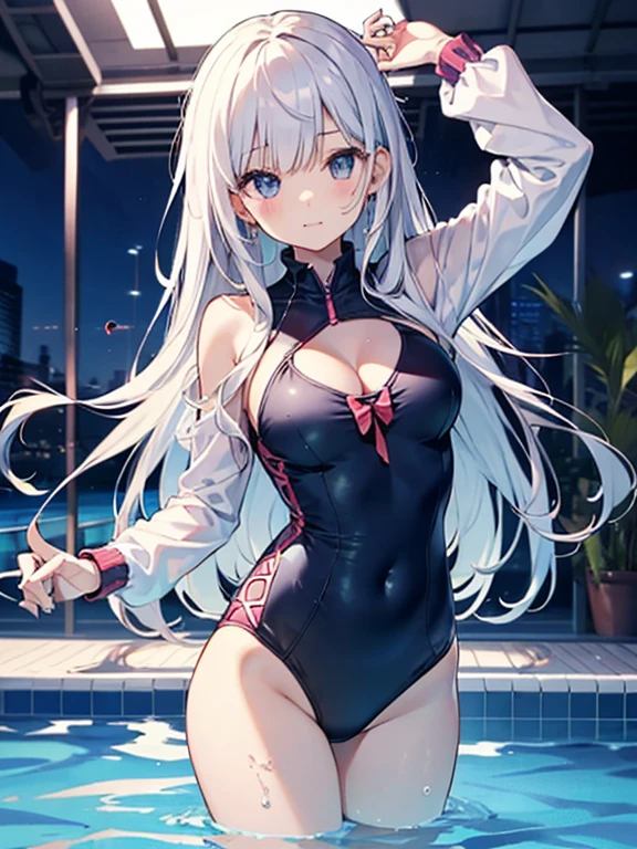 ((2D Beautiful Girl、highest quality、Perfect Finger 1.3、Perfect Anatomy 1.3、Very delicate and beautiful illustration))、pretty girl、(Conversion Sequence)、((Swimwear))、s、Slender beautiful girl、Fractal Art、Baby Face、((Straight Long Hair))、Big droopy eyes、Laughter、Full-body display、（1 person）、Long sleeve、School swimming pool、Are standing、