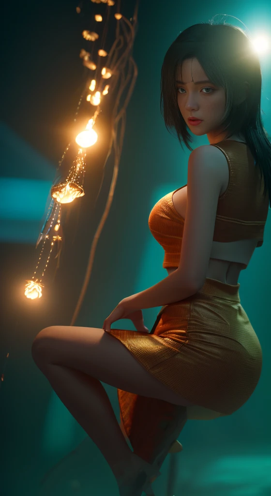 ((highest quality)), ((masterpiece)), (detailed:1.4), 3D, Beautiful Cyberpunk Female Figure,High resolution（High Dynamic Range）,Ray Tracing,NVIDIA,Super Resolution,Unreal 5,Scattered beneath the surface、PBR Textures、Post-processing、Anisotropic Filtering、Depth of written boundary、maximum definition、Sharpness、layered textures、Albedo and Specular Maps、Surface Shading、Accurate simulation of light-matter interactions、Perfect balance、Rendering with Octane、Two-color light、Large Diameter、Low ISO、White balance、Three-part method、8K raw data、Large cleavage exposed，Cropped shoulders，camisole，Super Skirt，Transparent packaging，Waist open，Super Skirt//，Very short，There&#39;s colorful graffiti on his shoulder.，Pleated skirt，JK short skirt long legs，Lace Edge，Tulle clothing。Pink Cute，Soft powder，I&#39;m embarrassed by my expression，pink and white clothes。The coat came off，Shiny Hair, Eye Reflexes, Mole under the eye, Pupils dilate, Aqua Eye, Glowing Eyes, Colored contact lenses、Sit down and look back