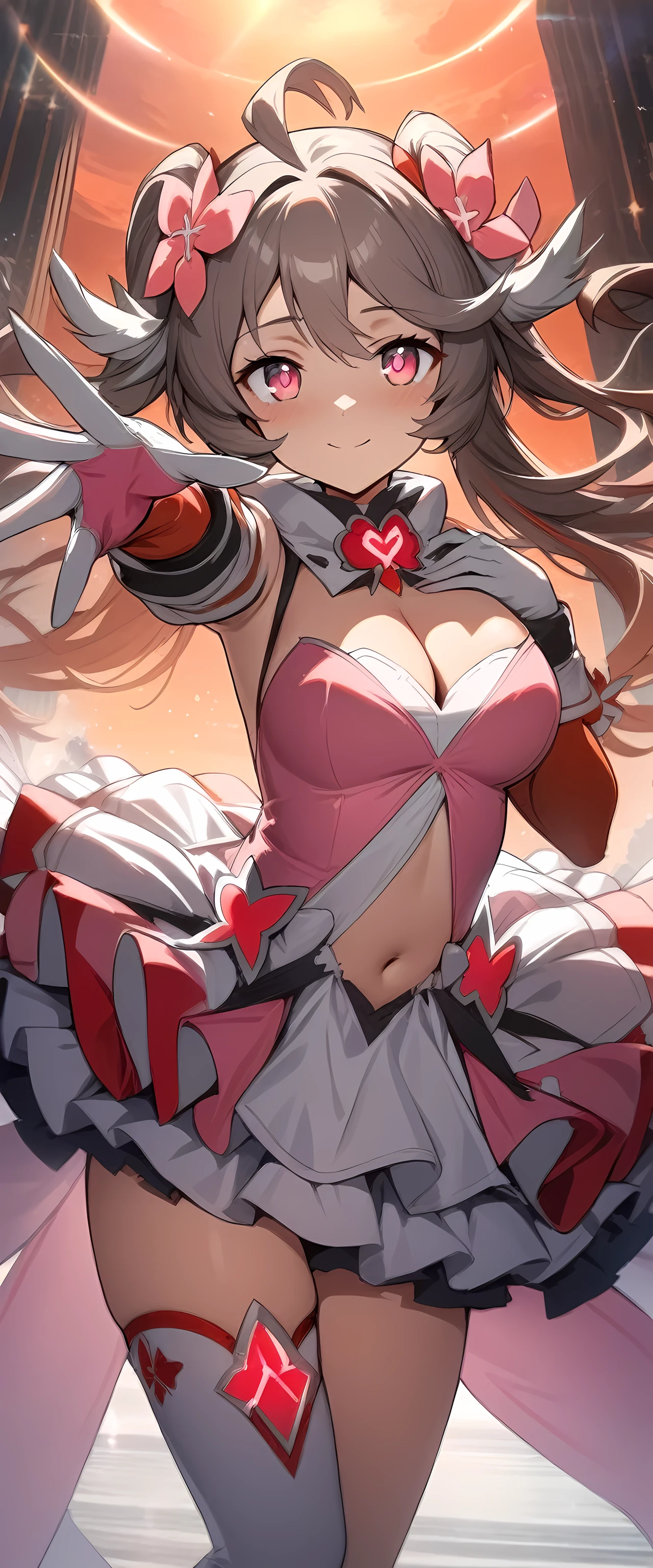 (masterpiece), best quality, expressive eyes, perfect face,1girl, eyjafjalla \(arknights\), arknights,big breasts,glowing eyes,((magical girl dress:1.4)),(hair flower),navel,ornate layered skirt,thigh heels,cleavage,light smile,orange sunset galaxy,sexy pose,action pose,cowboy shot,dynamic angle,(sparkle:0.9),(glitter:0.9),hand outstretched to viewer