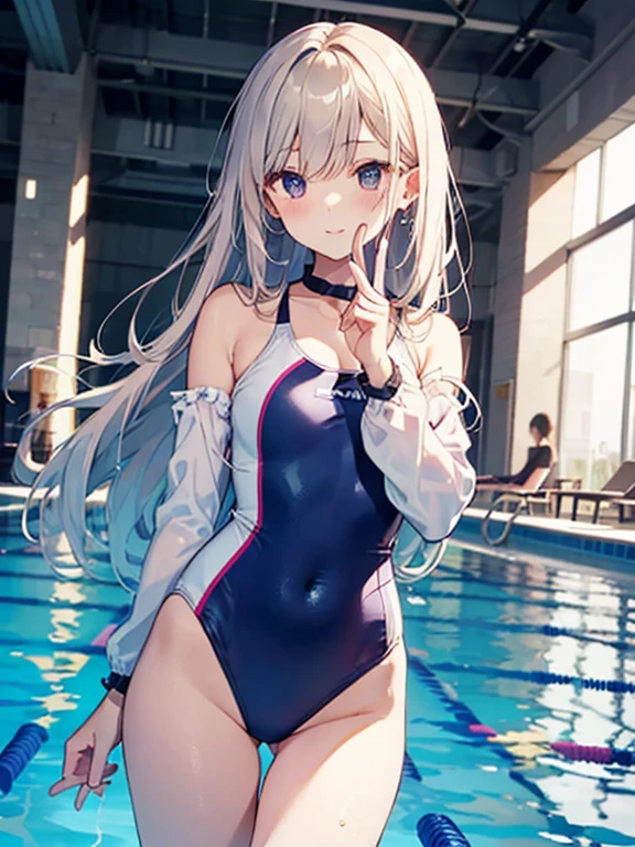 ((2D Beautiful Girl、highest quality、Perfect Finger 1.3、Perfect Anatomy 1.3、Very delicate and beautiful illustration))、pretty girl、(Conversion Sequence)、((Swimwear))、14 years、Slender beautiful girl、Fractal Art、Baby Face、((Straight Long Hair))、Big droopy eyes、Laughter、Full-body display、（1 person）、Long sleeve、School swimming pool、Are standing、