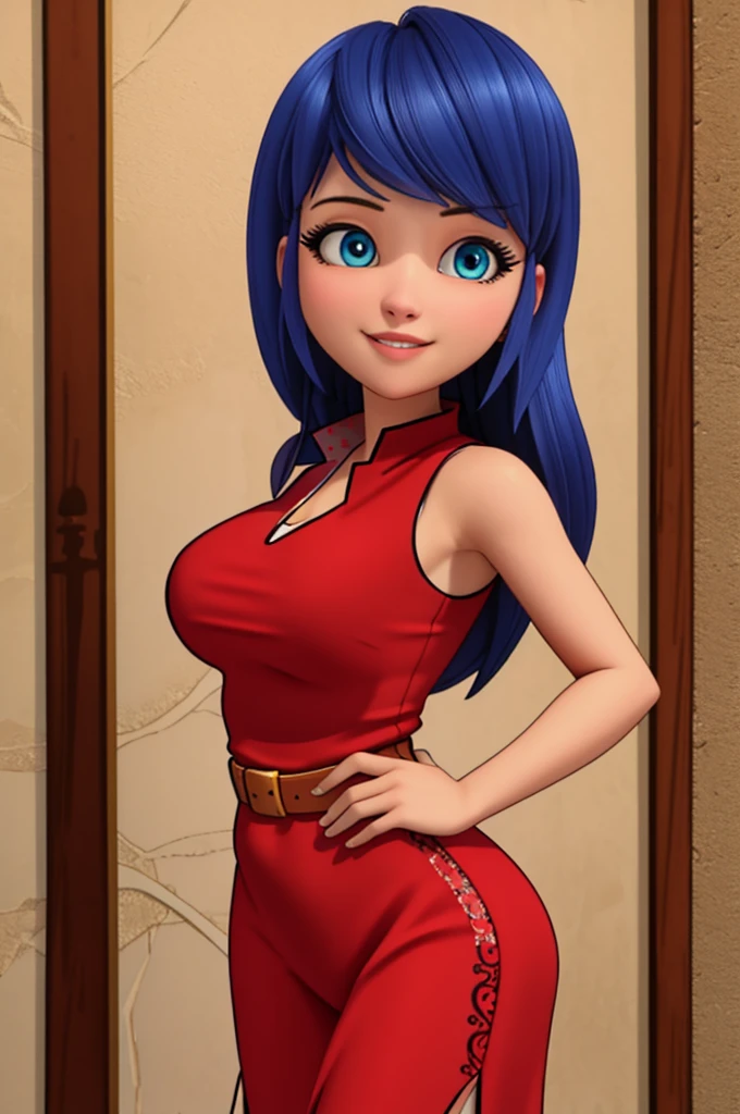 (8k, RAW photo, best quality, masterpiece:1.2), (intricate details), perfect eyes, perfect face, perfect lighting, beautiful, (masterpiece:1.2), (best quality:1.2), 1girl, solo, marinette, blue hair, ((long loosen hair)), adult torso, 19 years old, slight smile, huge sized breasts, (red gown sleeveless), cowboy shot, 3DMM, standing, front view sexy