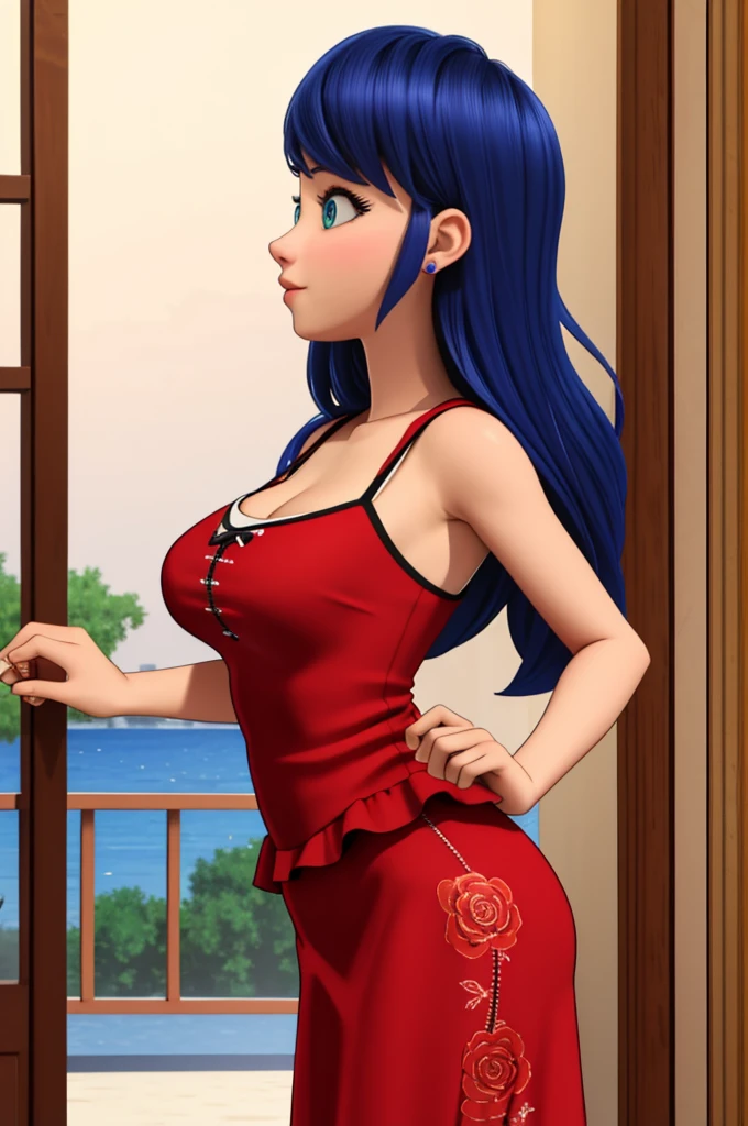 (8k, RAW photo, best quality, masterpiece:1.2), (intricate details), perfect eyes, perfect face, perfect lighting, beautiful, (masterpiece:1.2), (best quality:1.2), 1girl, solo, marinette, blue hair, ((long loosen hair)), adult torso, 19 years old, slight smile, huge sized breasts, (red gown sleeveless), cowboy shot, 3DMM, standing, front view sexy