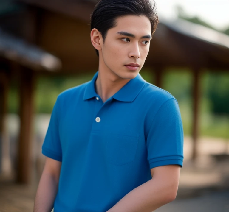 Aaraf in a blue shirt stood in front of a hut., wearing a polo shirtสีน้ําเงินเข้ม, wearing a polo shirt, navy, short sleeve, navy-blue, In a dark teal polo shirt., 2 8 years, Profile picture, Portrait, handsome, There are two front pockets., navy blue, Age 2 9 years, handsome man, 38 years old, 8k high quality photos, Action in various poses, alone, outdoor warm light,) night sky warm light,) wide aperture, professional lighting, Sony A7R4, Sesame lens taken with a 45" camera.,000,000,000 pixels Saengun,realistically,