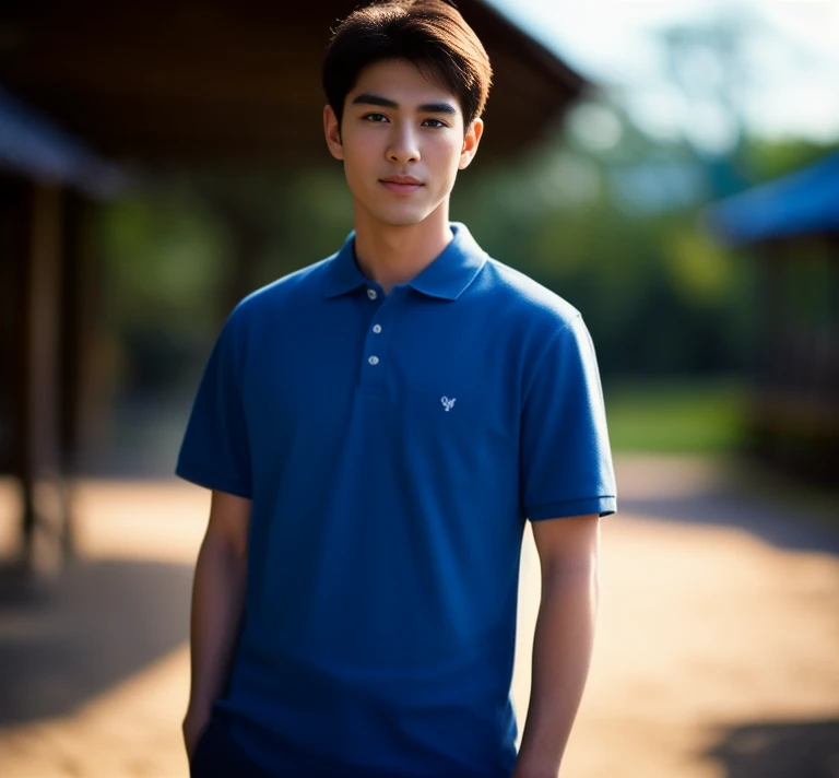Aaraf in a blue shirt stood in front of a hut., wearing a polo shirtสีน้ําเงินเข้ม, wearing a polo shirt, navy, short sleeve, navy-blue, In a dark teal polo shirt., 2 8 years, Profile picture, Portrait, handsome, There are two front pockets., navy blue, Age 2 9 years, handsome man, 38 years old, 8k high quality photos, Action in various poses, alone, outdoor warm light,) night sky warm light,) wide aperture, professional lighting, Sony A7R4, Sesame lens taken with a 45" camera.,000,000,000 pixels Saengun,realistically,