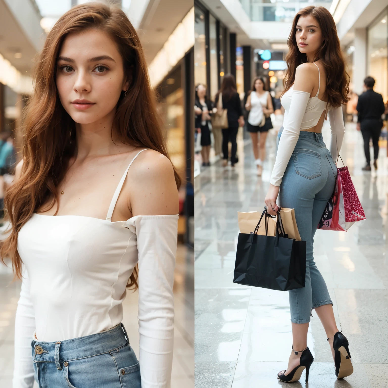 I would like an image of a woman with young features, 18 years old, with long red hair, pele branca, sardas no rosto, thin and slender body and an influencer who, at the mall, shopping and parading, would like you to show the classic and elegant look and beautiful heels