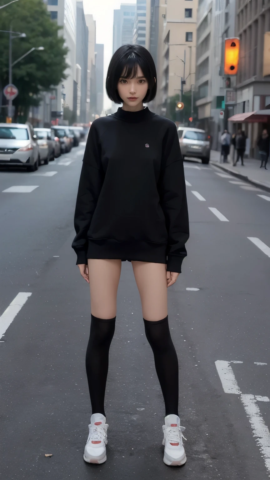 (((Standing posture:1.5))), (((Clothing:2.0, Knee-length sweatshirt:2.0, Knee-high socks:1.8, sneakers:1.5))), (Street Corner:1.5), ((A grin:1.3, Short Hair:1.2, slender:1.5, Small Ass:1.5)), ((Japanese, 1 Girl, 18-year-old, 7 heads, Ideal body proportions, Black Hair, With bangs, Small breasts, Erect nipples, slender, Small Ass, Beautiful feet, Skinny Legs)), Surrealism, Cinematic Lighting, Depth of written boundary, First Person View, F/1.8, 135mm, Ticker, Mastepiece, Curate, ((Anatomically correct:1.3)), Textured skin, Super Detail, High detail, High quality, Awards, Best Quality, High resolution, 8K