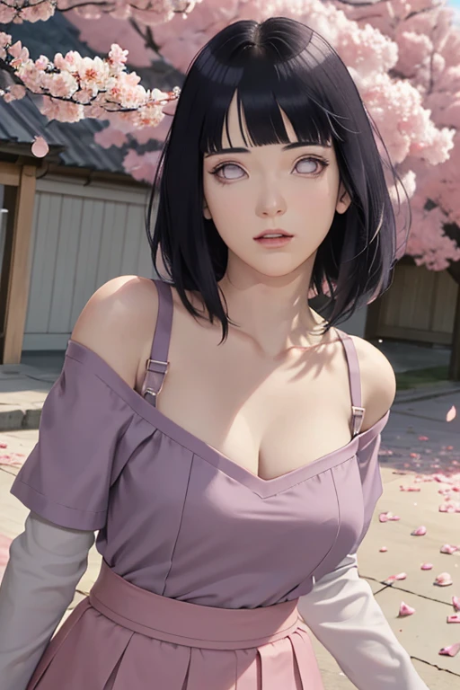 masterpiece, absurdres, hinata\(boruto\), 1girl, solo,mature female, off-shoulder strap bra, high waist short skirt, looking at viewer, (falling petals), perfect composition, detailed lips, big breast, beautiful face, body propotion, blush, (pink lips), long hair, purple eyes, soft gaze, super realistic, detailed, photoshoot, realistic face and body,
