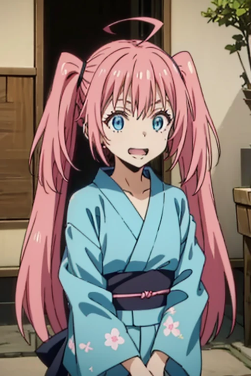 masterpiece, highest quality, 高解picture度,Anime Style、Characters from TenSura、picture、whole body Platinum pink hair(Twin tails:20:1)(Ahoge:1:10)、blue eyes、About 、smile、The double tooth shines,yukata、Hot Spring Town、Teahouse、With a bun