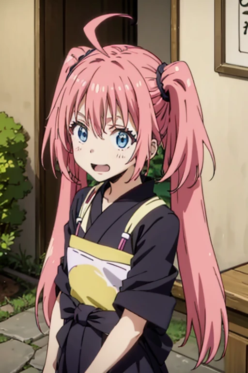 masterpiece, highest quality, 高解picture度,Anime Style、Characters from TenSura、picture、whole body Platinum pink hair(Twin tails:20:1)(Ahoge:1:10)、blue eyes、About 10 years old、smile、The double tooth shines,yukata、Hot Spring Town、Teahouse、With a bun