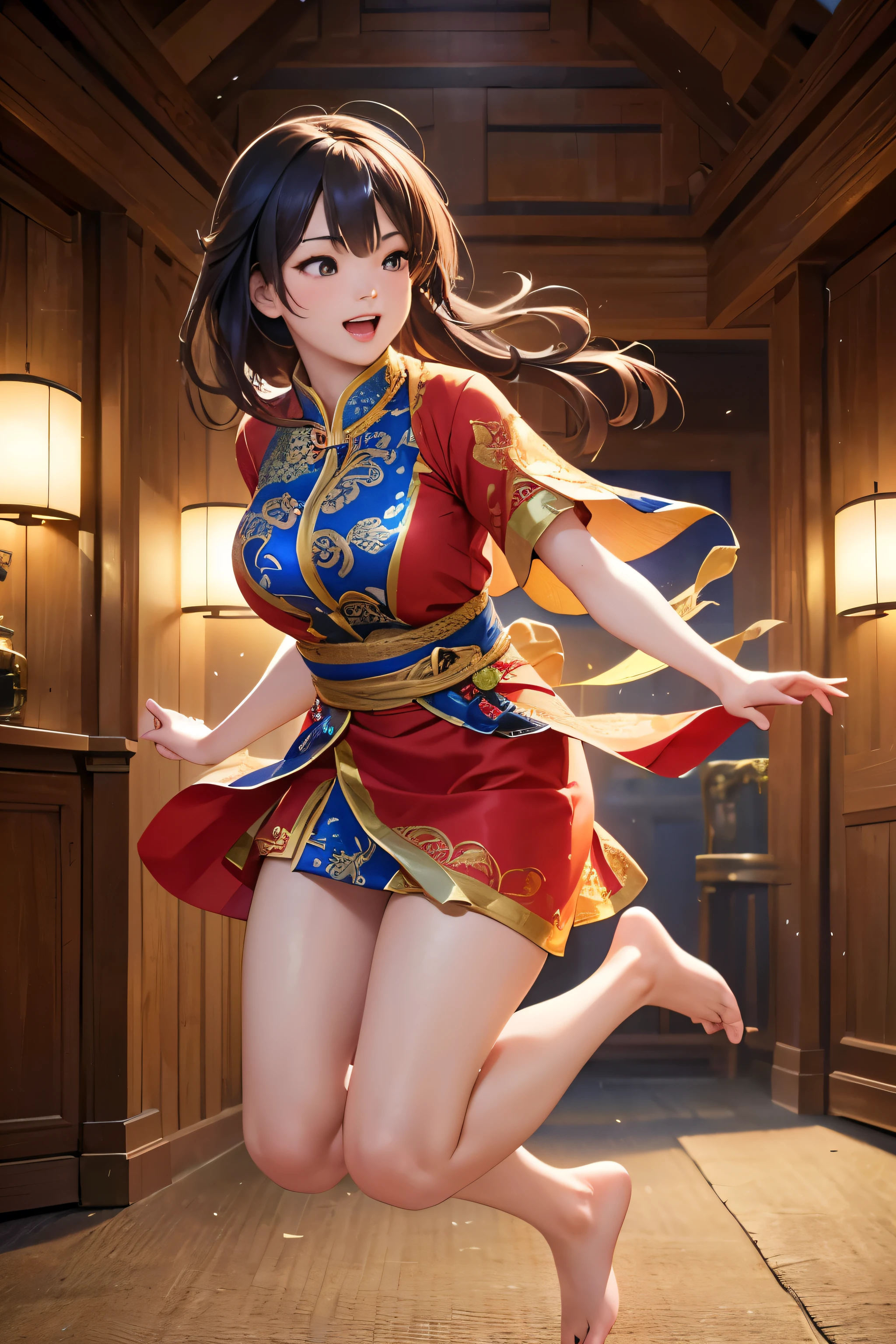 asian woman, full body, beautiful, pretty, jumping joyfully, happy, joyful, (best quality,4k,8k,highres,masterpiece:1.2),ultra-detailed,(realistic,photorealistic,photo-realistic:1.37),detailed portrait, intricate details, warm lighting, vibrant colors, elegant pose, dynamic movement