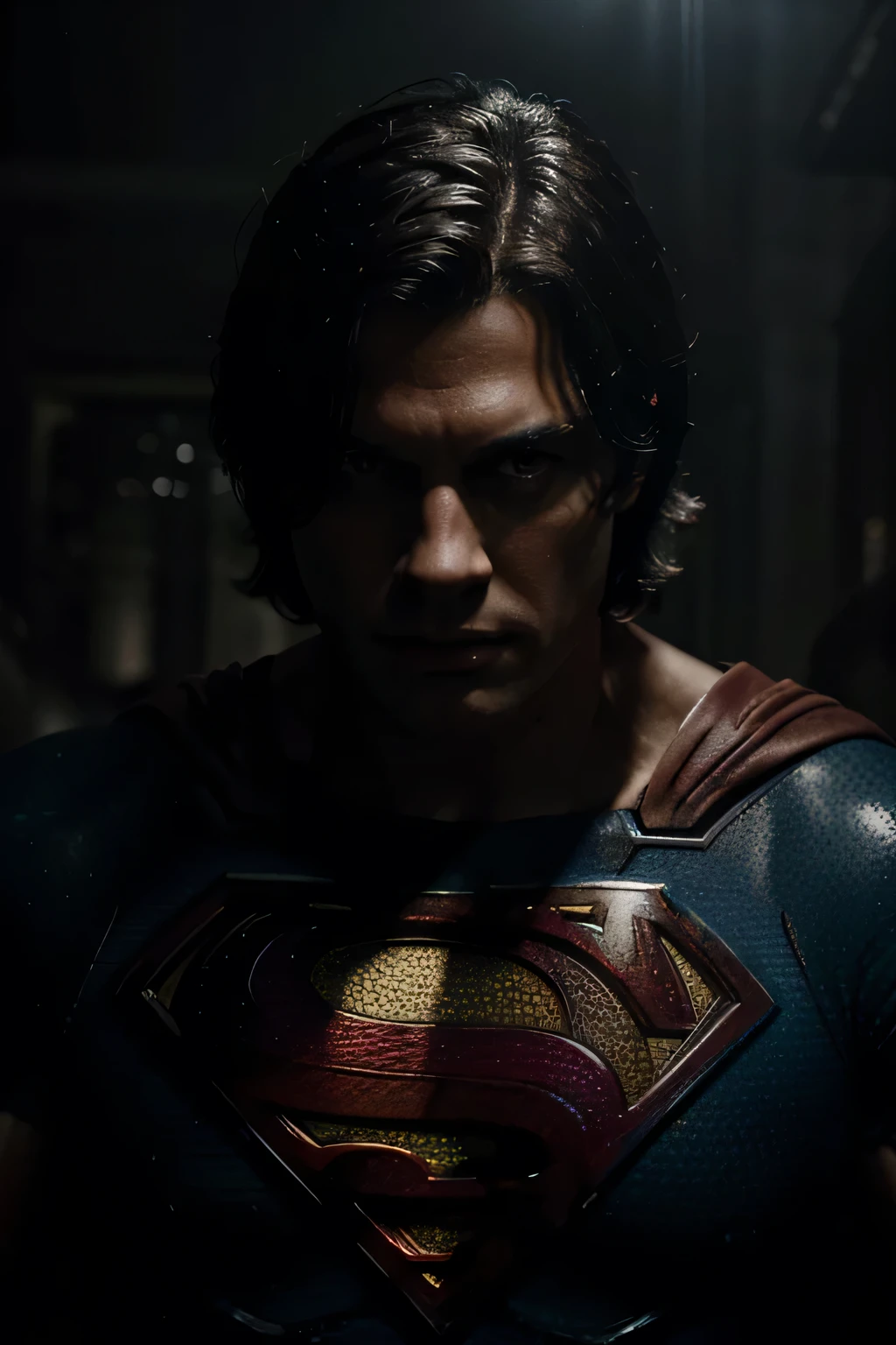 Superman, in dynamic, atmosphere of darkness and horror, dramatic light, highly detailed, packed with hidden details, hyper realistic, in the style of wallpaper portraits, colorful realism, realistic attention to detail, highly detailed, colorful realism, UHD, 8K