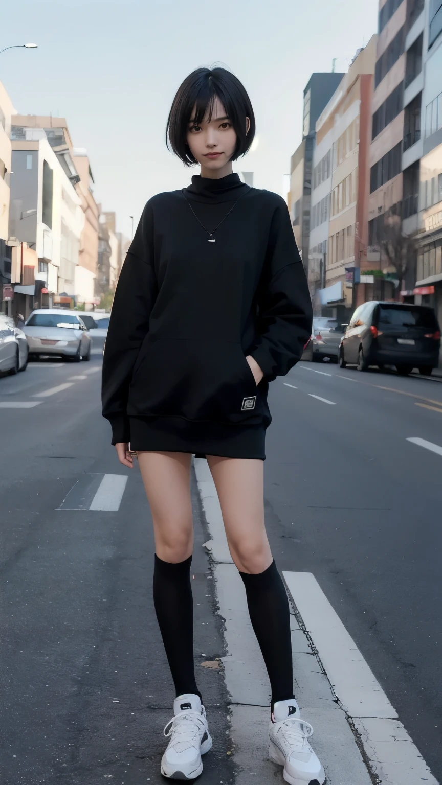 (((Standing posture:1.5))), (((Clothing:2.0, Knee-length sweatshirt:2.0, Knee-high socks:1.8, sneakers:1.5))), (Street Corner:1.5), ((A grin:1.3, Short Hair:1.2, slender:1.5, Small Ass:1.5)), ((Japanese, 1 Girl, 18-year-old, 7 heads, Ideal body proportions, Black Hair, With bangs, Small breasts, Erect nipples, slender, Small Ass, Beautiful feet, Skinny Legs)), Surrealism, Cinematic Lighting, Depth of written boundary, First Person View,  F/1.8, 135mm, Ticker, Mastepiece, Curate, ((Anatomically correct:1.3)), Textured skin, Super Detail, High detail, High quality, Awards, Best Quality, High resolution, 8K