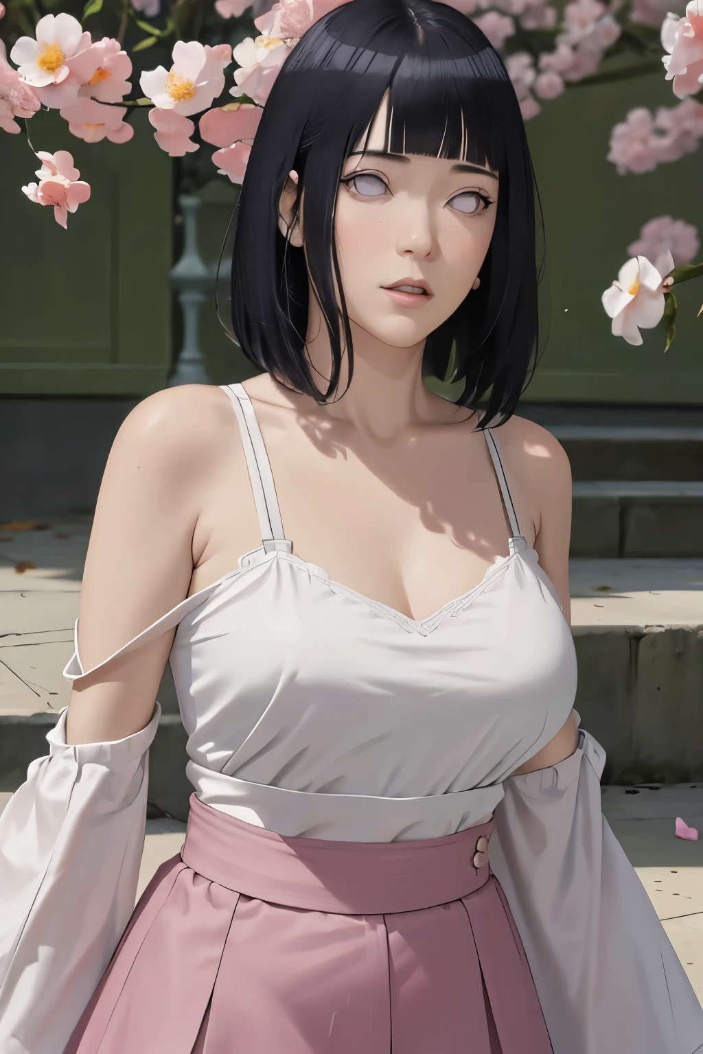 masterpiece, absurdres, hinata\(boruto\), 1girl, solo,mature female, off-shoulder strap bra, high waist short skirt, looking at viewer, (falling petals), perfect composition, detailed lips, big breast, beautiful face, body propotion, blush, (pink lips), long hair, purple eyes, soft gaze, super realistic, detailed, photoshoot, realistic face and body,