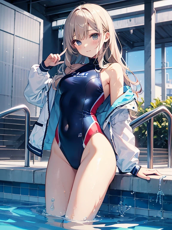 ((2D Beautiful Girl、highest quality、Perfect Finger 1.3、Perfect Anatomy 1.3、Very delicate and beautiful illustration))、pretty girl、(Conversion Sequence)、((Swimwear))、14 years、Slender beautiful girl、Fractal Art、Baby Face、((Straight Long Hair))、Big droopy eyes、Laughter、Full-body display、(1 person)、Long sleeve、School swimming pool、Are standing、