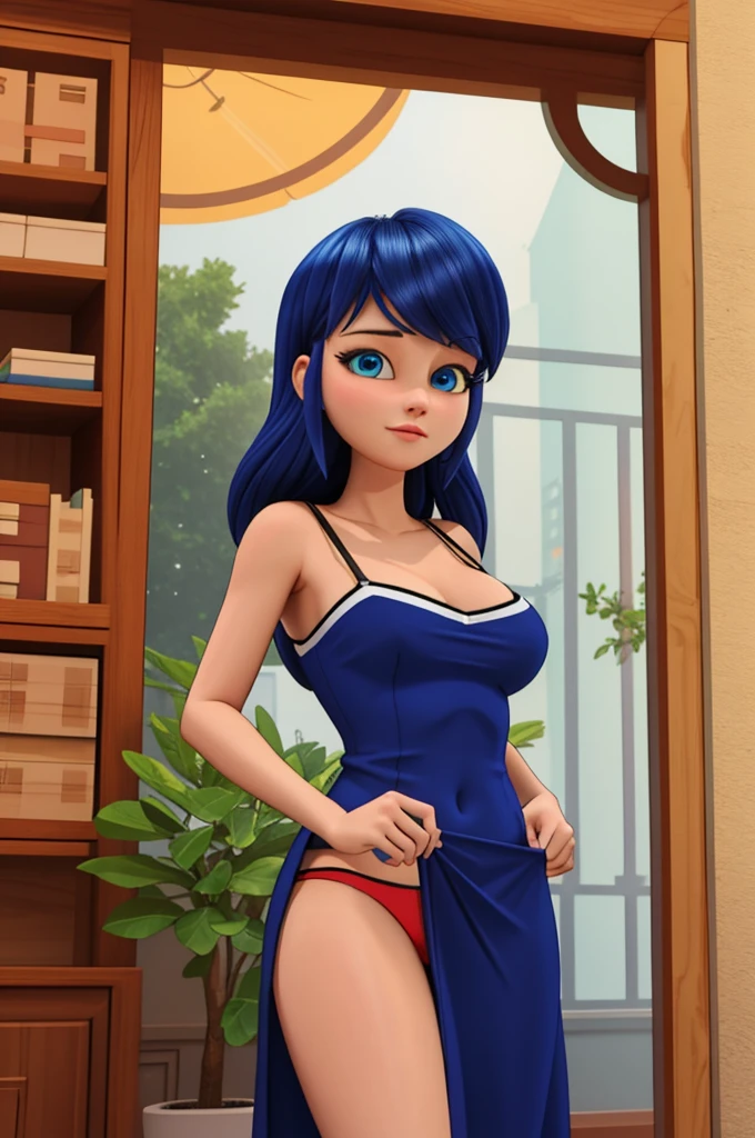 (8k, RAW photo, best quality, masterpiece:1.2), (intricate details), perfect eyes, perfect face, perfect lighting, beautiful, (masterpiece:1.2), (best quality:1.2), 1girl, solo, marinette, blue hair, ((long loosen hair)), adult torso, 19 years old, slight smile, huge sized , (red gown sleeveless, thong pantiesoy shot, 3DMM, standing, front view sexy
