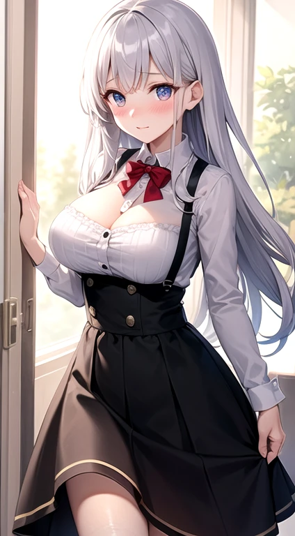 {Best Quality}, {ultra-detailliert}, {very detailed illustration}, silber hair, Aimei, embarrassed from，breastsout，Suspender Skirt，red blush，Black tie，Be undress，suspenders、skirt by the、Casual clothing，Maids