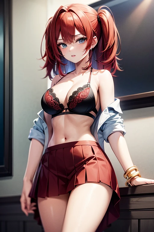 An anime girl with red hair and blue eyes wearing a skirt and an ?????????? revealing a black and red bra