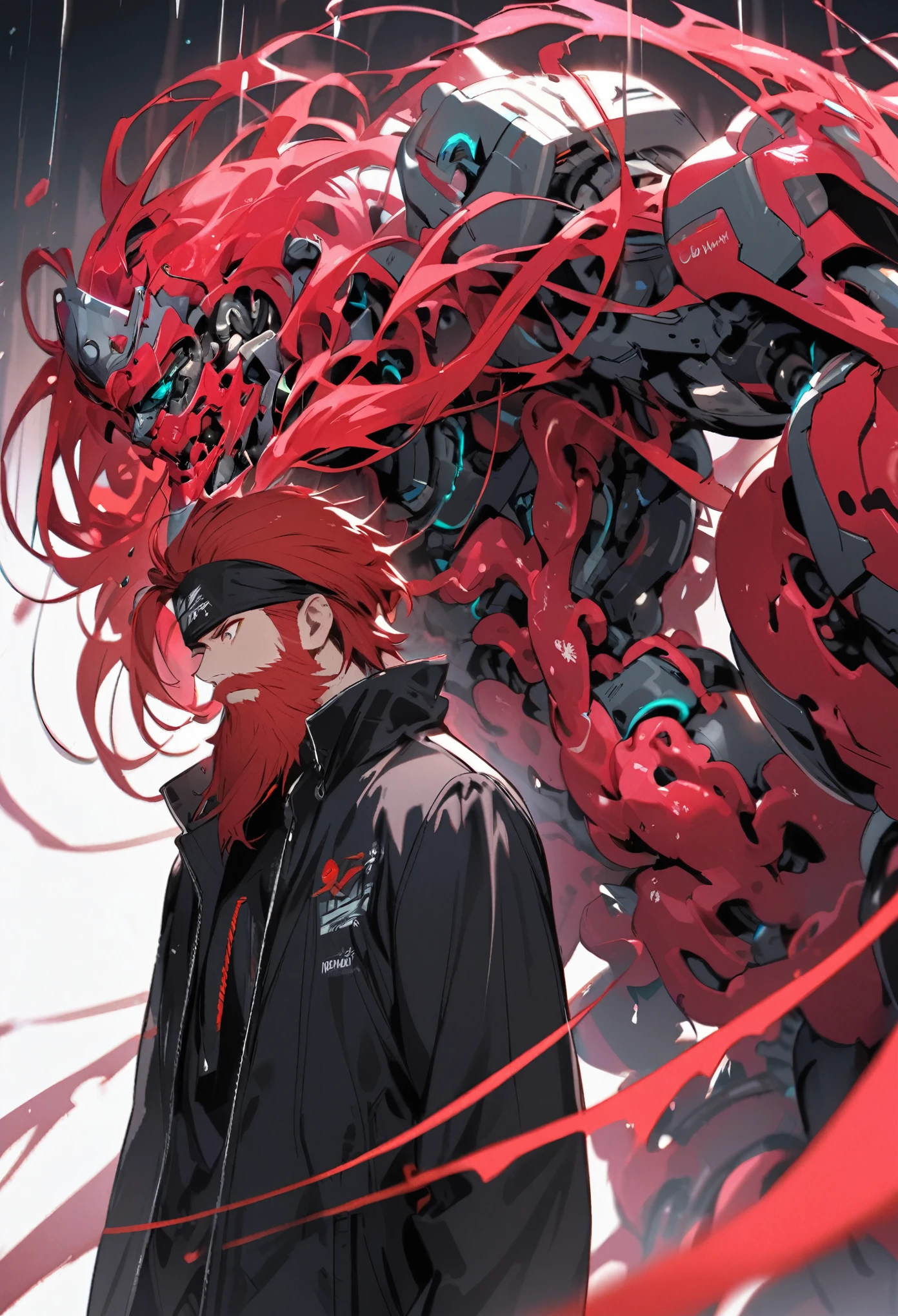 Man wearing black jacket with red hair and beard with a robotic spleen that contains a black zema 