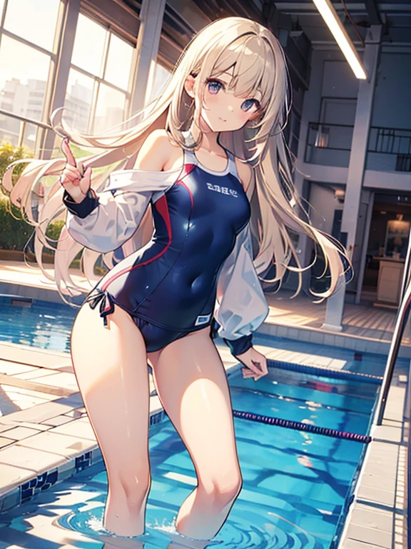 ((2D Beautiful Girl、highest quality、Perfect Finger 1.3、Perfect Anatomy 1.3、Very delicate and beautiful illustration))、pretty girl、(Conversion Sequence)、((Swimwear))、14 years、Slender beautiful girl、Fractal Art、Baby Face、((Straight Long Hair))、Big droopy eyes、Laughter、Full-body display、(1 person)、Long sleeve、School swimming pool、Are standing、