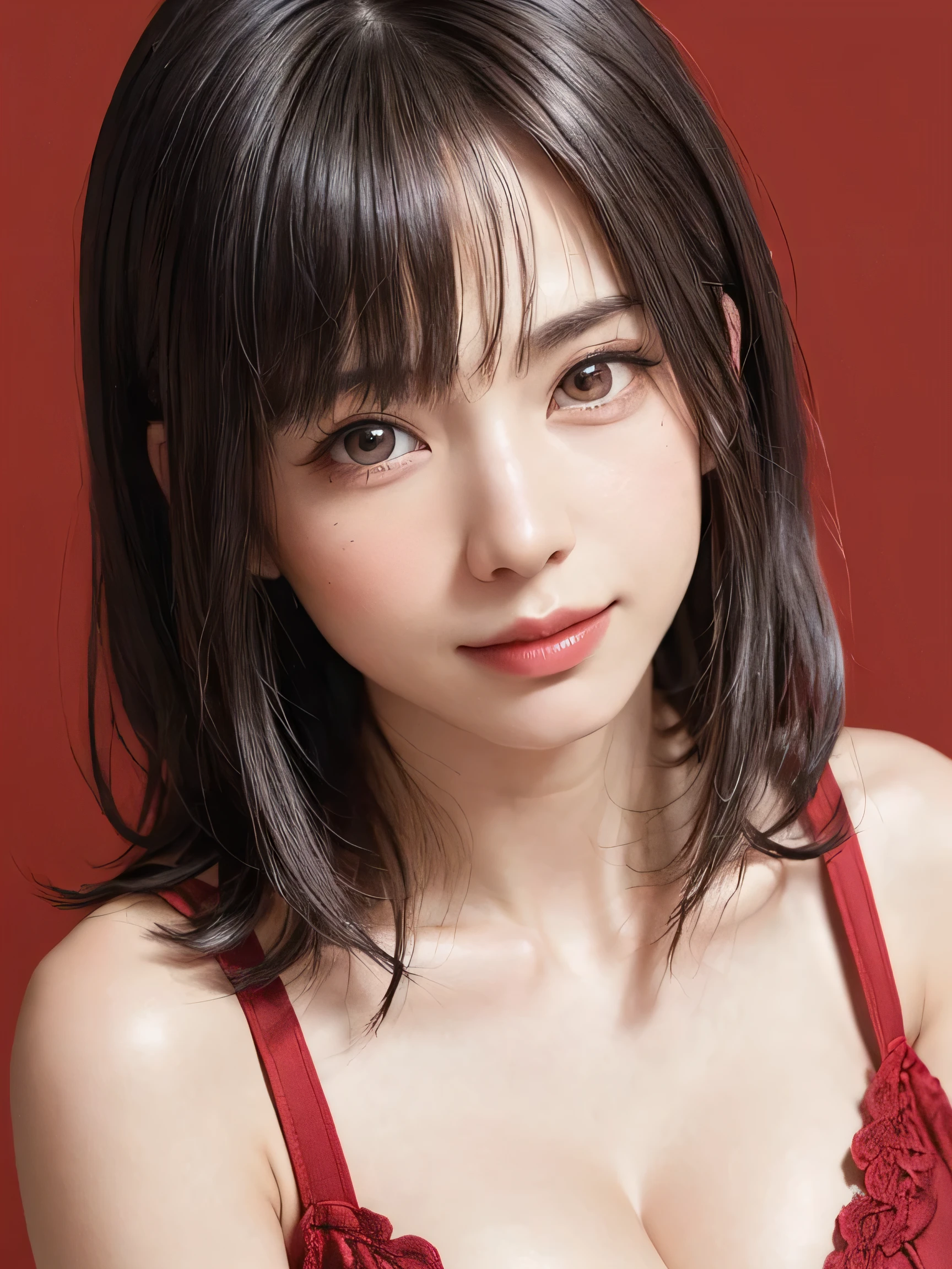 (software:1.8、masterpiece, highest quality),1 girl, alone, hyper Realistic, Realistic,Realistic, Looking at the audience, Light brown eyes:1.4,Brunette Short Bob Hair with highly detailed shiny hair, bright red clothes:1.4, Lepangas:1.4), Mouth closed, Upper Body、big chest eye、eyelash、{Huge|big chest|Huge|Mega} whole :2, Chest cleavage:2、(((Add highlights to the eyes:1.4、big chest eye、Short Bob Hair、Glowing Skin:1.4、Looking at the audience、She is very 美しい and cute、Show me your ears、Beautiful long neck、smile、Close your mouth and smile、Bangs and beautiful teeth)))、Ideal body type、((Beautiful red background:2、Simple blank red background:2、A very simple red background:2))、Beautiful long neck:1.4、(({Huge|big|Huge|Mega} chest, Chest cleavage:2))、(((Portraiture:2、Face close-up:2、Face close-up:2)))、Perfect Anatomy