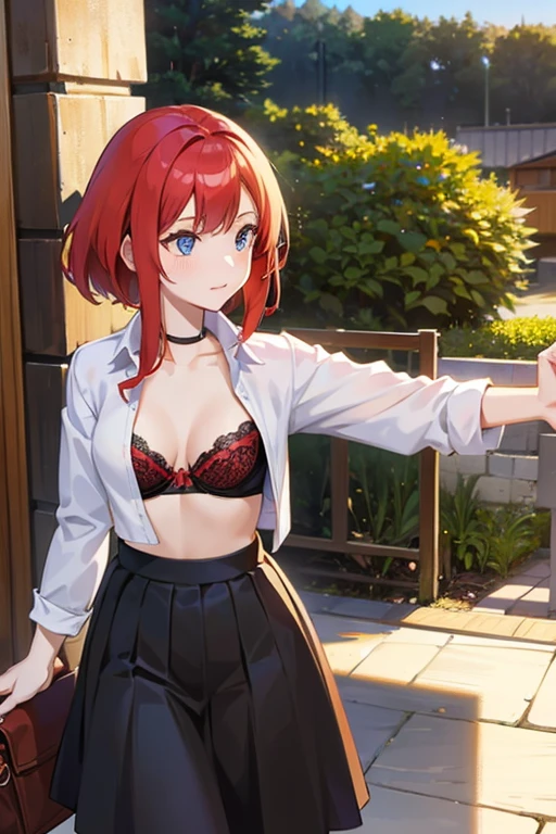 An anime girl with red hair and blue eyes wearing a skirt and an open shirt revealing a black and red bra