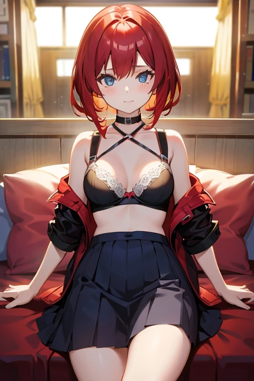 An anime girl with red hair and blue eyes wearing a skirt and an open shirt revealing a black and red bra