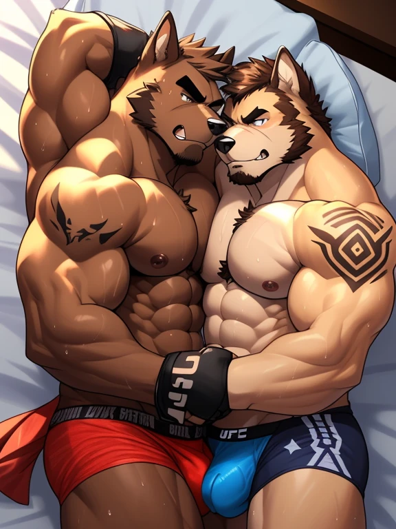 Duo male(Brown Dog vs Brown Dog, handsomes, perfect eyes, Thick eyebrows), gay(Cuddling, embraced, lying down on, flexing abs, full body frottage, in a bed match), hot(Shirtless), handsomes(They are handsomes, correct anatomy), musculosos(Big muscle bodies, Six packs, muscle abs, big pecs, muscle backs), sweaty(very sweaty wet bodies, shiny sweat), tatuajes(they have tattoos), Angry(They have an angry expression), UFC gloves(They both are wearing black UFC gloves), boxers(They both are wearing black UFC boxers), nsfw(penis out from boxer), Hight resolution