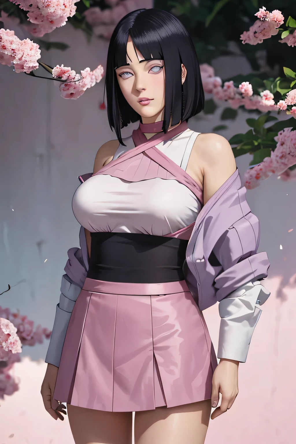 masterpiece, absurdres, Sarada Uchiha\(boruto\), 1girl, solo, high waist short skirt, looking at viewer, perfect composition, detailed lips, big breast, beautiful face, body propotion, blush, (pink lips), long hair, purple eyes, soft gaze, super realistic, detailed, photoshoot, realistic face and body,