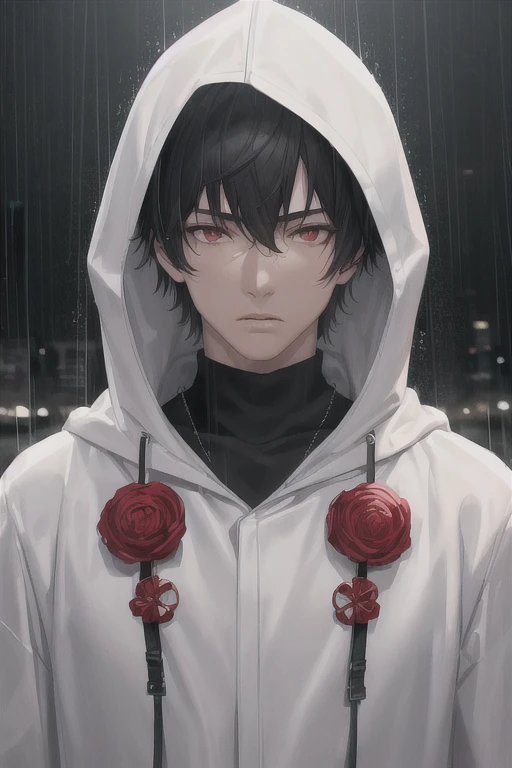 best quality, more details, masterpiece, 1boy, portrait, aesthetic, male focus, red eyes, solo, bangs, looking at viewer, muscles, short hair, rain, tokyo \(city\), hood up, nail polish, black hair, luxurious, 8k, detailed, ray tracing, depth of field, cinematic lighting,