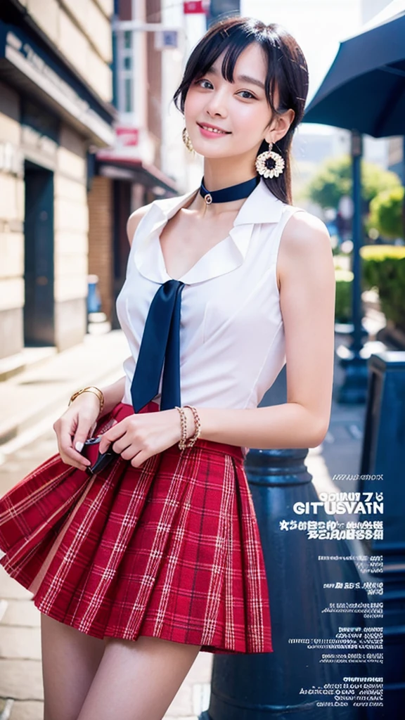 masterpiece, highest quality, whole body,
One girl, bangs, black choker, black tie, Blonde Hair, blue skirt, blush, bracelet, chest, choker, clothes The surrounding area waist, clavicle, collared shirt, Cowboy Shot, dress shirt, ear Earrings, Eyebrows visible through hair, Gradient Hair, Grin, fix, jewelry, Kogal, Long Hair, View Viewer, loose tie, tie, Earrings, Plaid, Plaid skirt, pleated skirt, Red eyes, ring, , shirt, skirt, smile, alone, white shirt,
street, null, cherry blossoms, petal,figure, (magazine:1.3), (cover-style:1.3), fashionable, woman, Vibrant, Costume, Pause, front, colorful, dynamic, background, element, have confidence, Performance, Holding, statement, accessories, Majestic, Coiled, The surrounding area, touch, scene, article, cover, bold, to attract attention, title, stylish, font, Catchy, Heading, big, impressive, Modern, trend, concentrated, fashion,