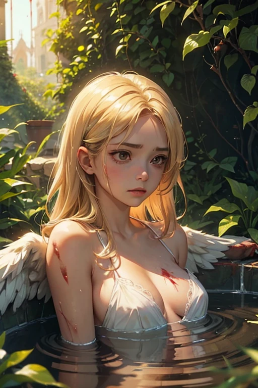 female angel, sad, blond hair, brown eyes, sunlight, garden, water, blood, seminude, wounds, thorns hurting too much