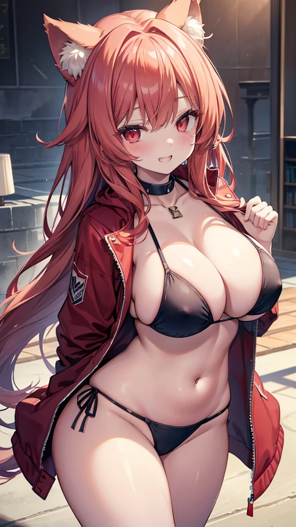 最高masterpiece、Wolf Girl, Large Breasts, Voluminous light red hair, masterpiece , Red eyes, hd, Thick thighs, Head to Chest, buried in my chest、Double teeth、tooth、Chubby、Grinning、Halter Bikini、Big Tits、Jacket、white iris、