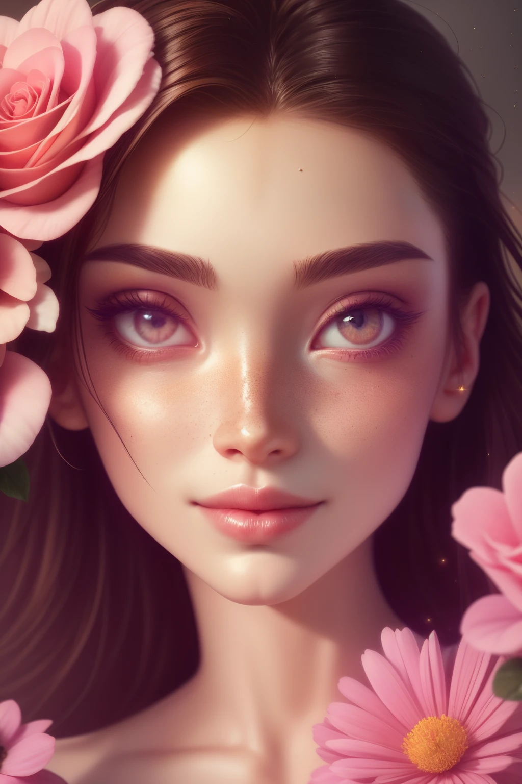 (This is a beautiful, intricate, (romatic) fantasy image that emphasizes beauty and grace.) Generate a blind curvy woman with milky eyes and soft natural freckles. Her face is important and should be (perfectly formed) with (beautiful puffy lips) and (perfect features). There is a cute freckle birthmark on her lip. The image exudes ethereal beauty and soft fantasy, with shimmering shades of pink throughout. Surround her with eternal roses in shimmering shades. Ensure perfection in her face, hair, and eyes. Include sweet and detailed birds and soft, luminous flowers and detailed roses. Utilize dynamic composition and dramatic lighting and cinematic lighting to create an interesting fantasy image. The background of the image is interesting and ultra-detailed, with soft fantasy lighting and gradients. Include fantasy details, cute aura, colorful, colourful, and interesting magical background. The image's background is decorated in shades of pink, shimmer, glitter, and fantasy details like colored bubbles and cosmos. Include subtle freckles, natural freckles and a diffused realistic skin tone. Incorporate elements of high fantasy, whimsy, and detailed elegance. English rose, princess, courtesan, noblewoman, sweet, lovely, calm, lovely, shimmering, glimmering, glittering, astrological fantasy, (((masterpiece))), (highest quality), magic rose, fantasy garden, beautiful face, perfect face, puffy lips, interesting, shy smile, fantasy elements, magic rose, beautiful eyes, perfect puffy lips, jewel tones, luminosity. Taken with a canon camera.