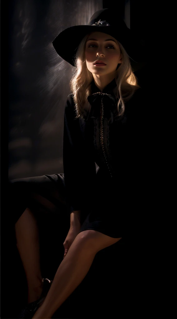 (In the Dark:1.6), Hyperrealist Female Portrait by David Hockney and Alphonse Mucha,Fantasy art, Photorealistic, Dynamic Lighting, Art Station, Poster, Volumetric lighting, Highly detailed face, 4k yen, Awards,, One girl, In the Dark, Deep Shadow, Modest,Cowboy Shot,(Official attire:1.4) ,Long Hair,Gray Hair,