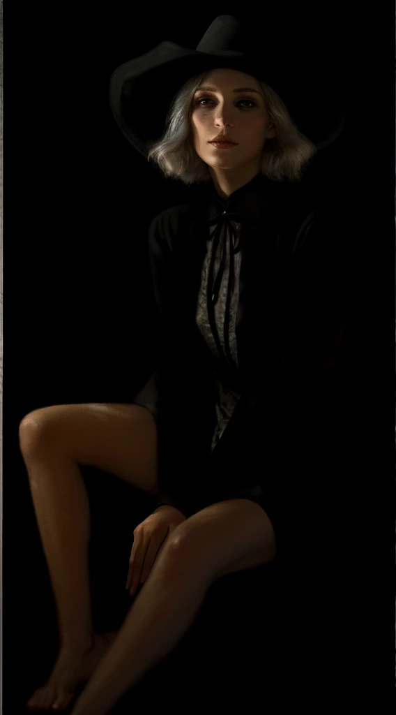 (In the Dark:1.6), Hyperrealist Female Portrait by David Hockney and Alphonse Mucha,Fantasy art, Photorealistic, Dynamic Lighting, Art Station, Poster, Volumetric lighting, Highly detailed face, 4k yen, Awards,, One girl, In the Dark, Deep Shadow, Modest,Cowboy Shot,(Official attire:1.4) ,Long Hair,Gray Hair,