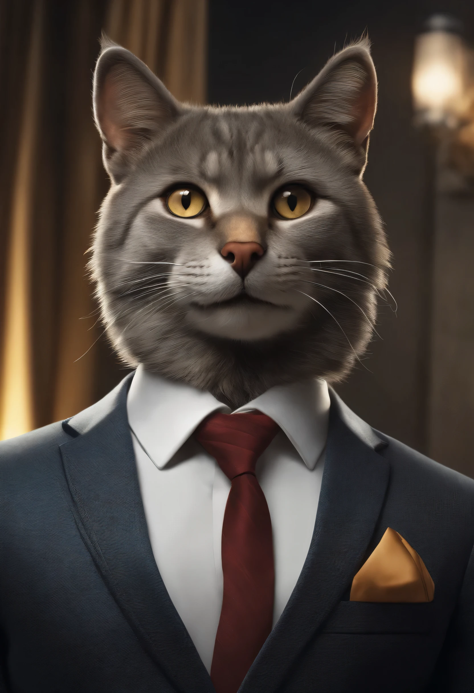 a business cat dressed in a suit like the wolf of wall street, smiling at the camera, extremely detailed, 8k, photorealistic, cinematic lighting, dramatic pose, high quality, intricate details, detailed facial features, award winning photograph, professional lighting and composition, beautiful colors, hyperrealistic, incredibly detailed texture, dynamic scene, highly detailed environment