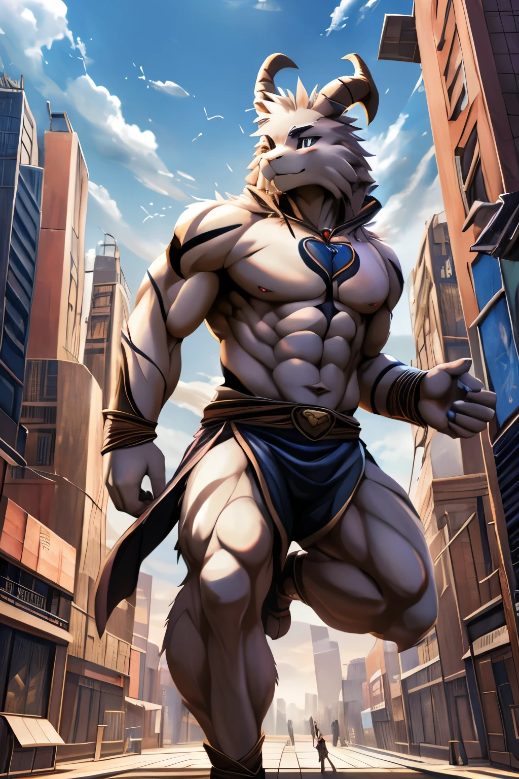 furry, male, anthro, muscular, (beautiful detailed eyes), asriel, perfect anatomy, realistic anatomy, full body like, good looking, anime style, 8k, 4k anime wallpaper, anime art wallpaper 8 k, 2 d art, 2d art, anime art wallpaper 4k, detail art, macro, stomping tiny city, topless